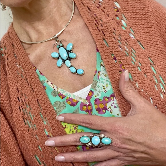 Huge Native American Sterling Silver Turquoise Dragonfly Pendant - Picture 8 of 8